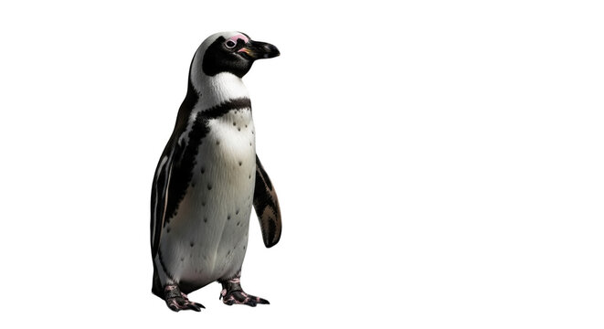 Full body side profile of an african penguin with and white feathers standing isolated on transparent background