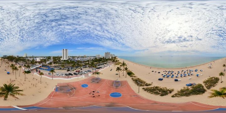Aerial tour Fort Lauderdale Beach palms and basketball courts 360 VR