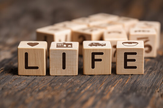 The word LIFE. Life plan and insurance concept. Putting wood cubes with alphabets and icons. Top view of wood table