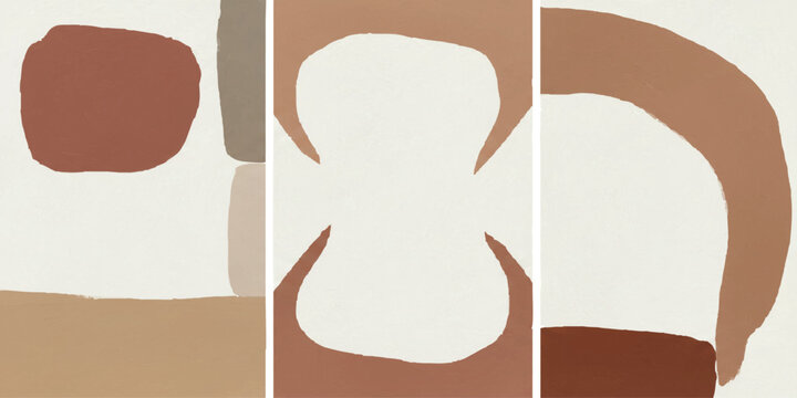 Set of three abstract wall art prints with organic shapes in earthy terracotta and neutral beige color palette