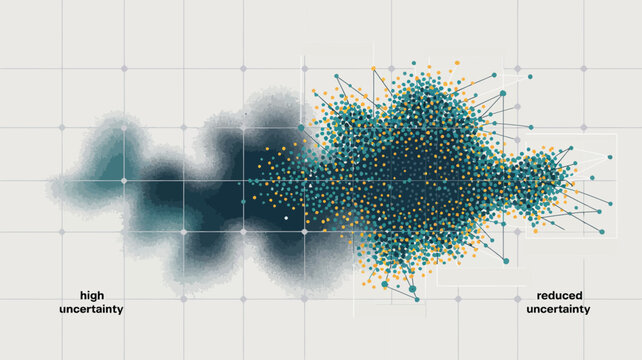 Visualizing Uncertainty: An abstract graphic art piece depicts the concept of uncertainty. From high to reduced levels, the art uses dots and lines to visualize the complex interplay of information.