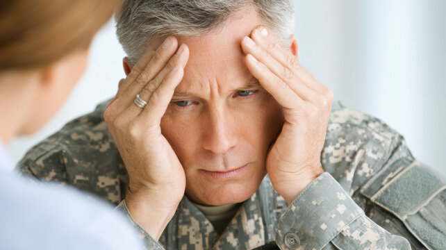 Middle aged retired soldier receiving psychological treatment