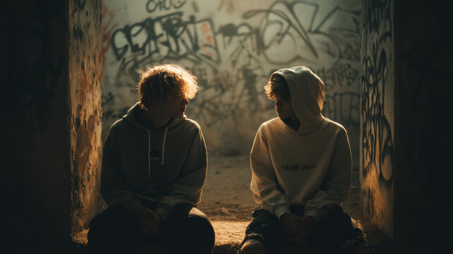 Hooded gopniks discussing sketchy stuff in the street, evening light