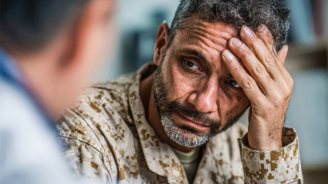 Middle aged retired serviceman receiving psychological treatment