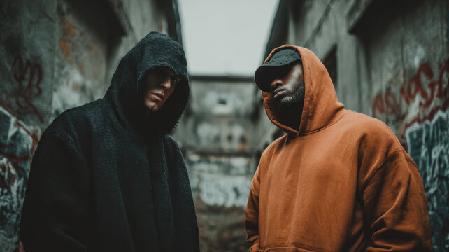 Two mobsters in hoodies talking on the street