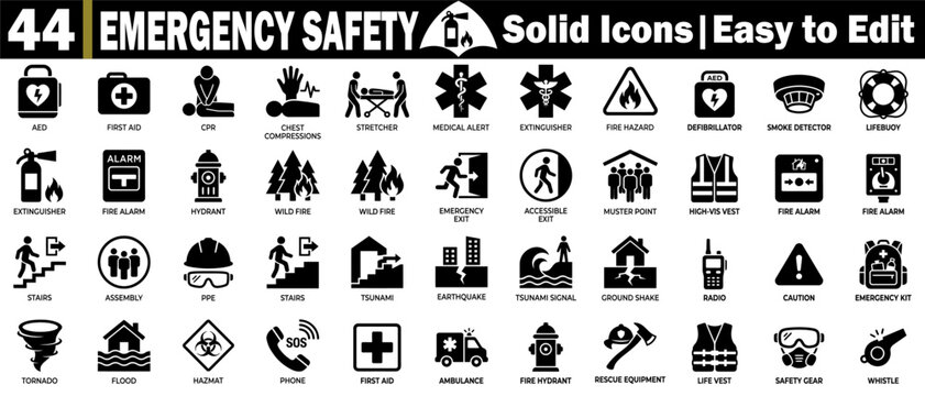 Emergency safety solid icons. Easy to edit for vector graphic resources, perfect for digital and print media projects.