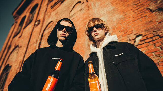 Troubled young lads are drinking alcohol in the street, evening sunlight
