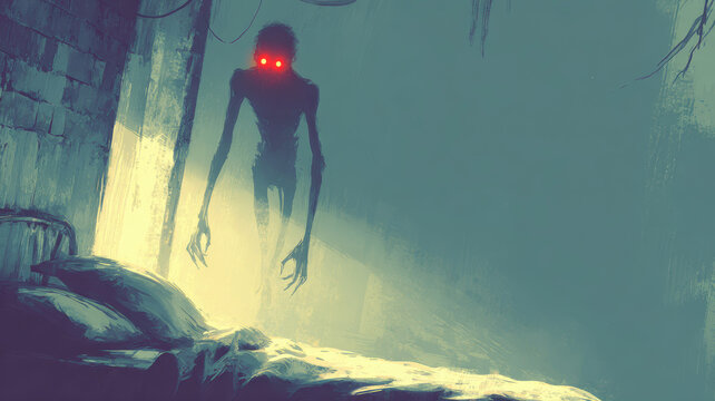 Frightful figure in the bedroom - nightmare, sleep paralysis concept