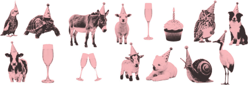 halftone pop art birthday party elements set with animals cake candle glass and celebration objects