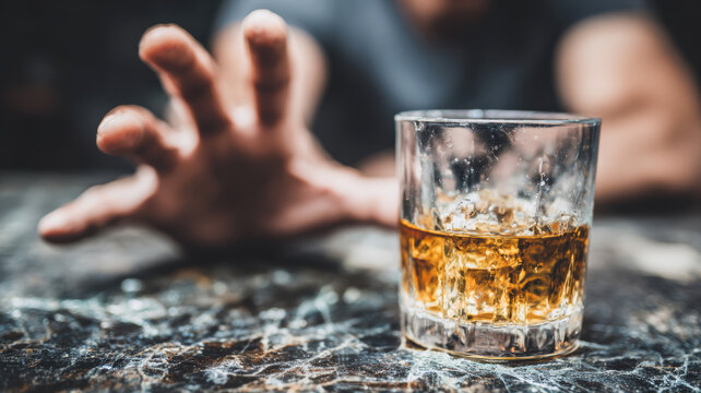 Man is reaching for a glass of bourbon
