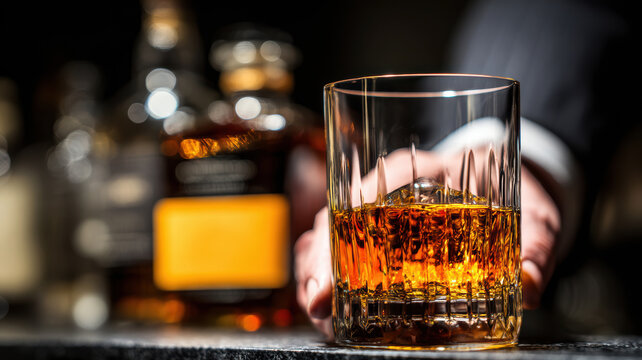 Man's hand with glass of cognac in a bar