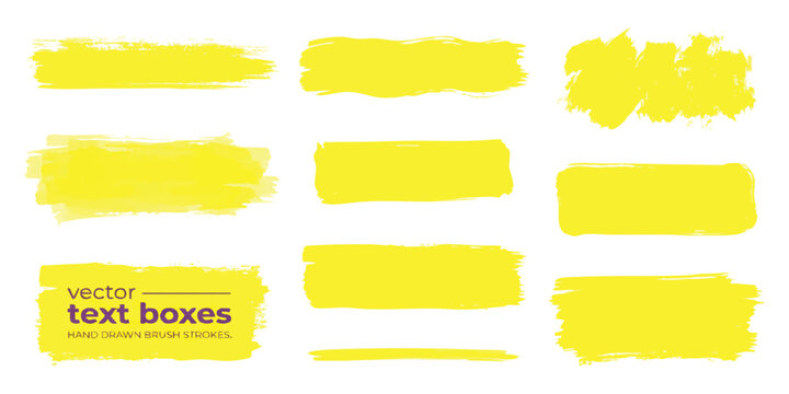 Set of yellow hand drawn paint brush strokes and text boxes for design elements and creative artistic backgrounds