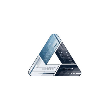 Abstract blue triangle with digital circuit and binary code patterns