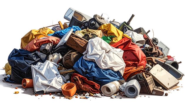 A large, overflowing pile of discarded items, a colorful jumble of fabrics, electronics, and miscellaneous refuse