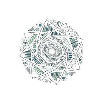 Abstract circular data visualization with business charts and graphs