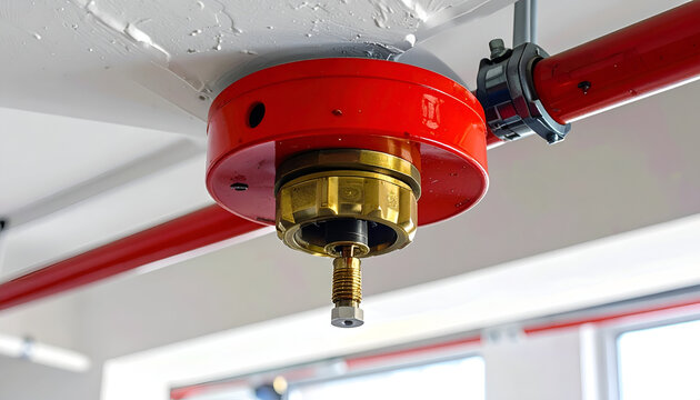 Close-up of a red fire sprinkler head attached to a pipe system on a white ceiling.