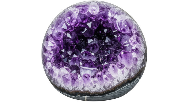 Spherical amethyst geode with deep purple pointed quartz crystals, natural mineral specimen isolated on transparent background