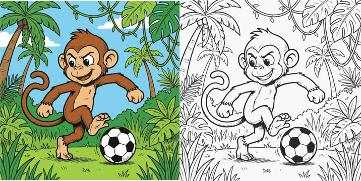 monkey dribbling soccer football hand drawn vector illustration of lineart and clipart for children coloring book