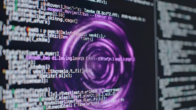 Person with Glasses Analyzing Computer Code in Dark Tech Environment