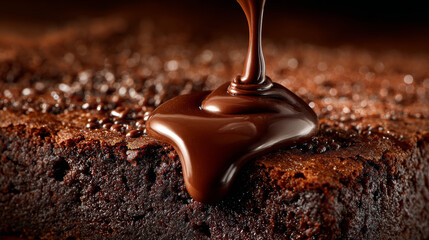 Obraz premium Close-up of glossy runny chocolate pouring slowly over a warm brownie, dramatic lighting, rich texture, high detail, dessert photography.