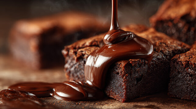 Close-up of glossy molten chocolate slowly pouring over warm brownies, rich texture, cinematic macro photography, steam rising, dramatic shadows, luxury dessert ad. 