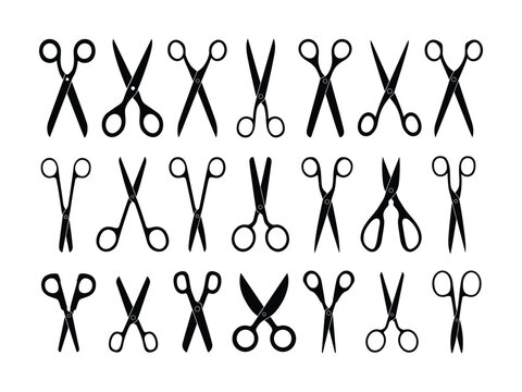 Various types of scissors in different positions and shapes on white background
