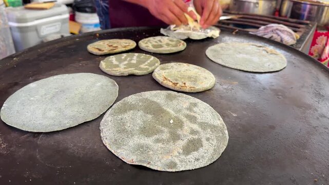 Queretaro Street Food Cooking Quesadillas Corn Tortillas Griddle Close Up