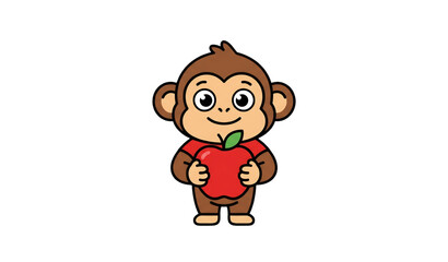 Cute monkey with apple cartoon vector illustration minimal kids character for sticker packaging and children book cover © Mdsahag