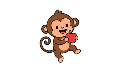 Cute baby monkey holding apple cartoon vector minimal line art character for sticker scrapbooking and kids design © Mdsahag
