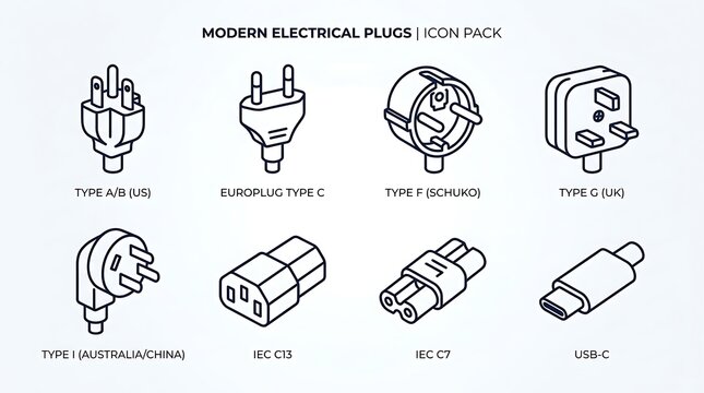 Vector Icon Set of Modern Electrical Plugs and Connectors Featuring International Power Standards and USB-C Interface