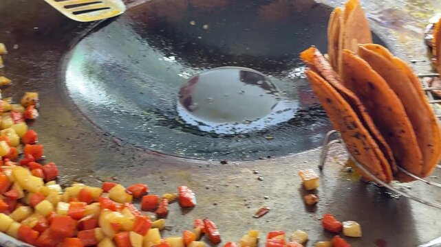 Street Food Vendor Cooking Enchiladas Griddle Mexican Cuisine Close Up