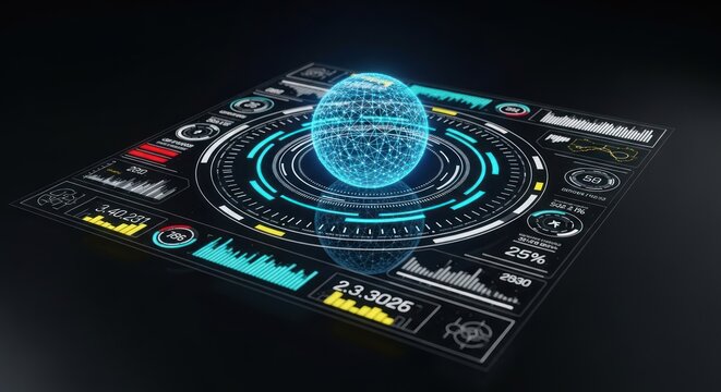 Futuristic digital interface with glowing sphere and data visualizations