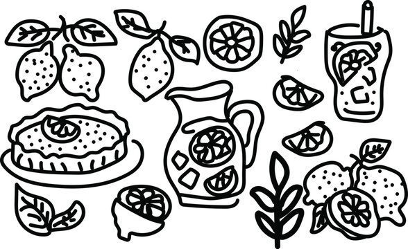 Bold black lemon harvest and lemonade set, collection of professional hand-drawn illustration fruit and beverage symbols, modern professional summer refreshment graphic elements, isolated on white bac