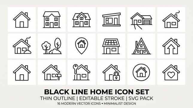 Black line home icon set with 16 modern vector icons