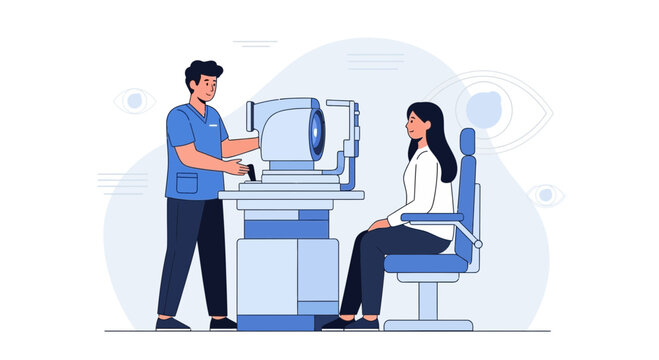 Ophthalmologist examining patient's eyes with modern equipment in clinic, eye care concept