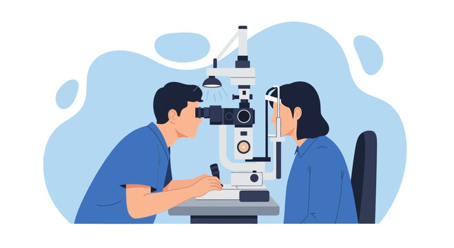 Optometrist examining patient's eyes with slit lamp microscope, eye exam, vision check