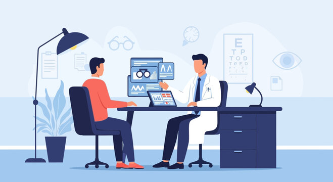 Optometrist examining patient's eyes, eye test chart and vision correction concept