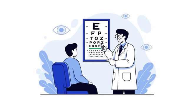 Optometrist examining patient's vision with eye chart in clinic, eye care concept