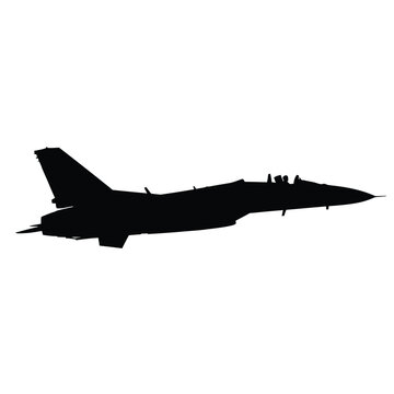 Silhouette of a fighter jet flying, side view airplane