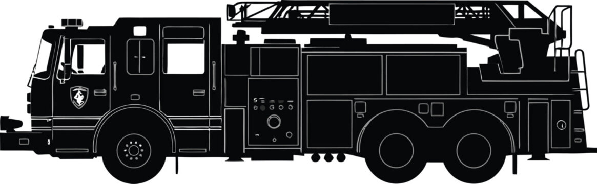 Silhouette of a fire truck with ladder, side view fire engine