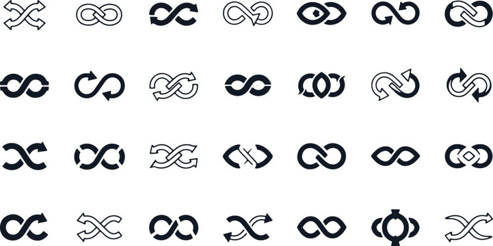 Collection of diverse infinity loop symbols with arrows and variations on transparent background.