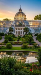 Fototapeta premium Grand glass dome building with lush gardens and reflecting pond at sunset