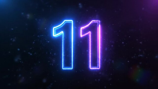 Neon illuminated number eleven floating in space, digital background