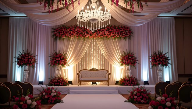 Elegant wedding stage decorated with flowers, chandelier, and draped fabric, creating a luxurious and festive atmosphere.