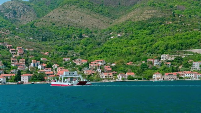 Ferry in Boka Bay near Tivat Montenegro Spring Location 4K