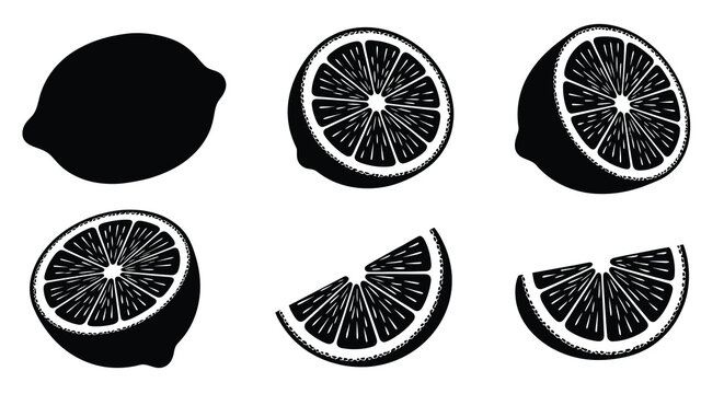 Collection of black lemon silhouettes including whole fruit and various sliced halves against a white background silhouette high quality professional detailed modern elegant stylish