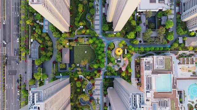Aerial view of modern high-rise residential complex and urban housing development.