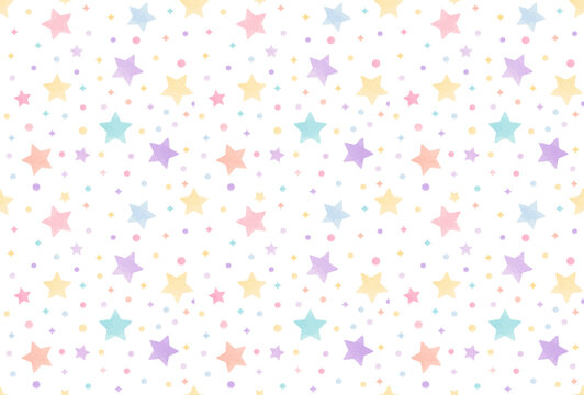 Pastel star seamless pattern with colorful scattered celestial shapes, soft nursery style and playful dreamy kids decor look. Vector illustration.