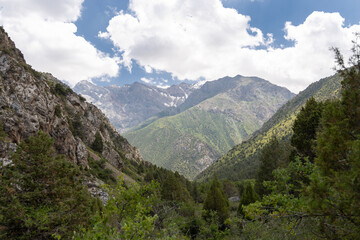 Obraz premium Mountain Scenic Overview. Alpine Landscape With Snowy Peaks. Expansive View Of Rugged Mountains And Icy Glaciers
