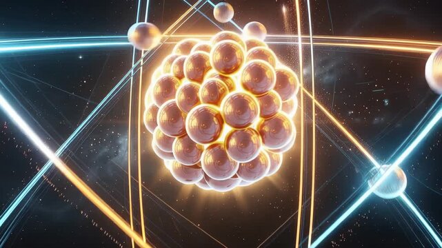 Mesmerizing vibrant energy particles dancing inside an intricate atom with dynamic motion and glowing effects